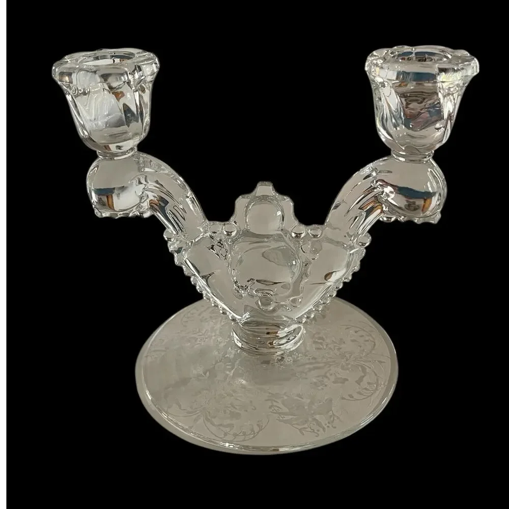 Vintage HEISEY Eternal Orchid Pattern Etched Crystal Double Light Candleholder